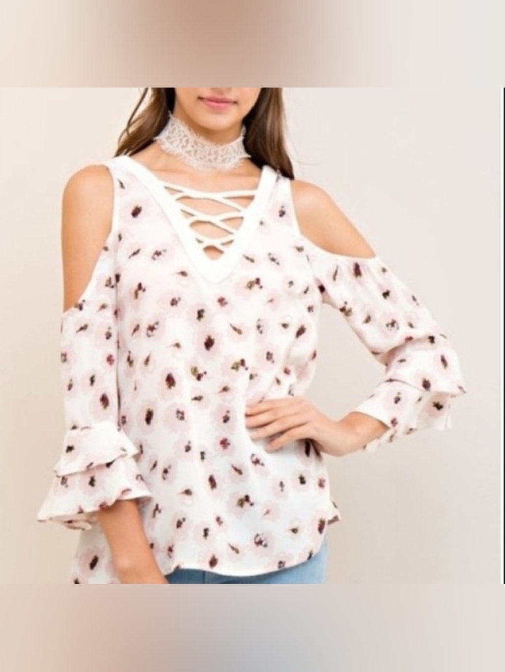 Boho Women's Pink Cold-Shoulder Floral Blouse with Lace-Up V-Neck